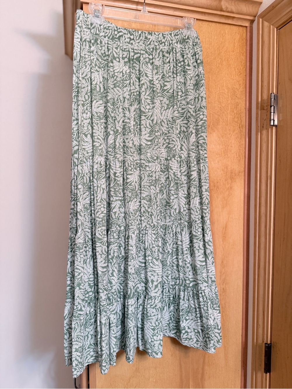 mahina Sage Green & White Botanical Tiered Maxi Skirt